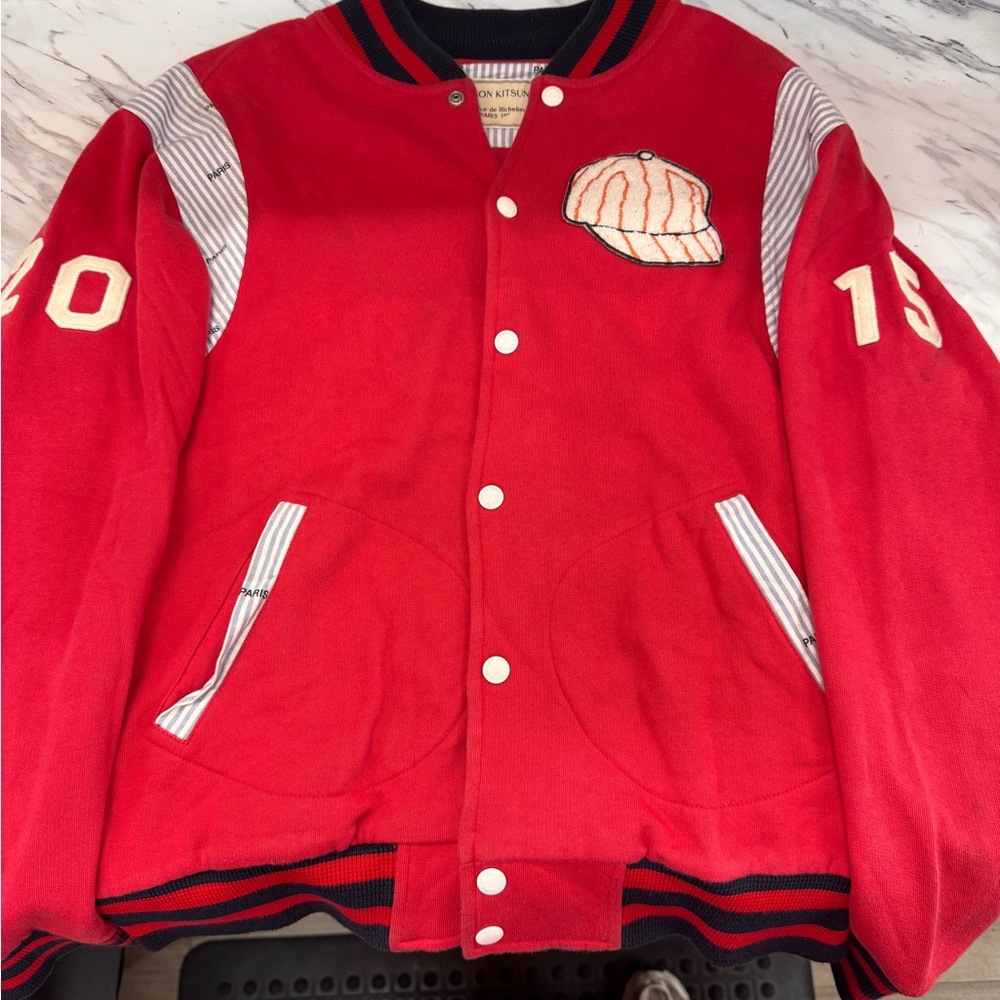 MAISON KITSUNE Red & White Varsity Bomber Jacket